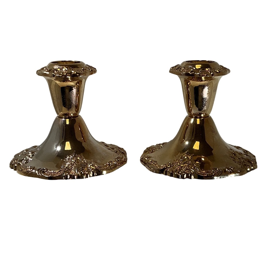 Vintage Gold Tone Ornate Embossed Candlestick Holders Set of 2 Floral Scroll